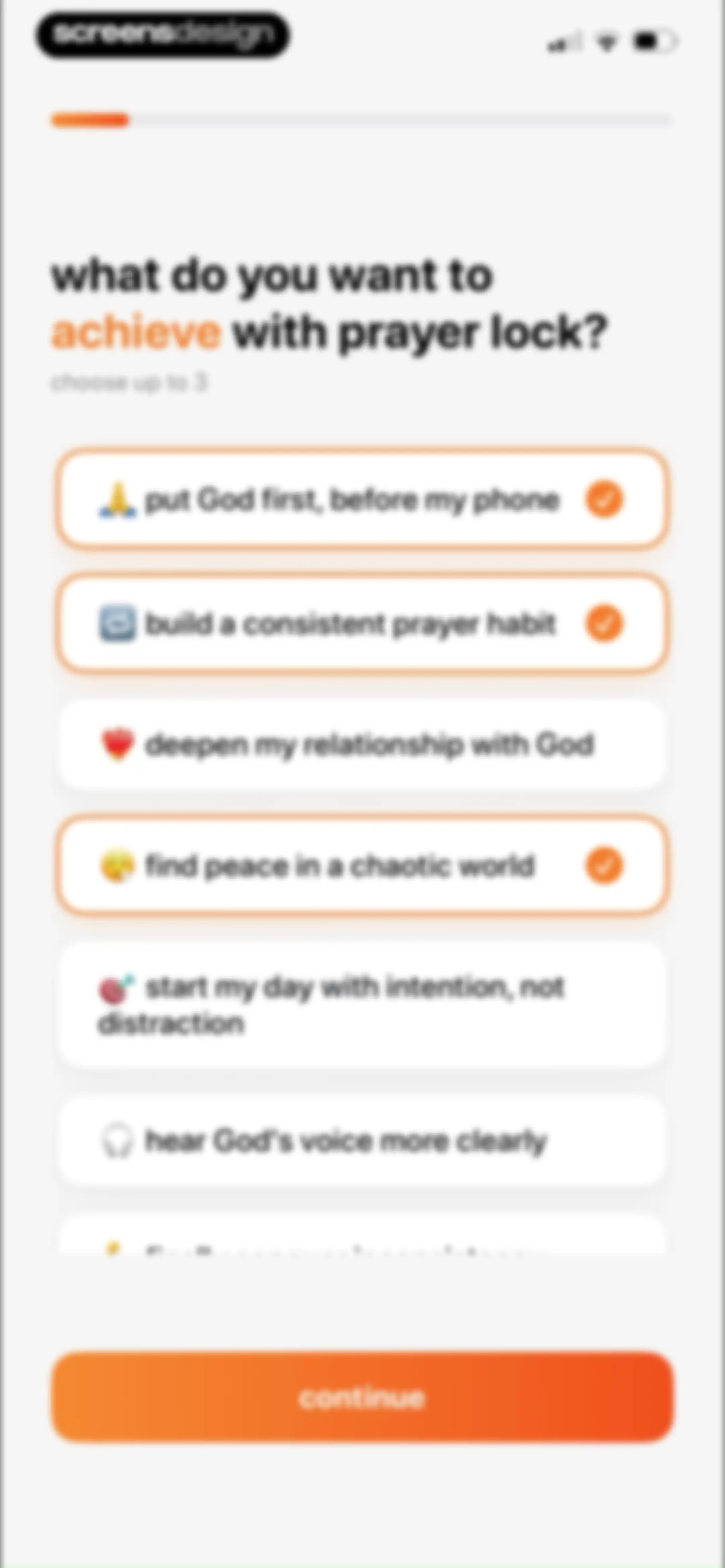 Onboarding Prayer Lock — objectifs de foi (multi-select)